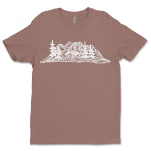 Bear and Mountain, Unisex T-shirt, Responsibly Made, featuring outdoor illustrations on a soft, eco friendly tshirt.