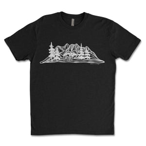 Bear and Mountain, Unisex T-shirt, Responsibly Made featuring outdoor illustrations on a black eco-friendly t-shirt.
