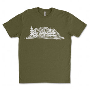 Bear and Mountain, Unisex T-shirt, Responsibly Made featuring outdoor illustrations on an eco friendly tshirt.