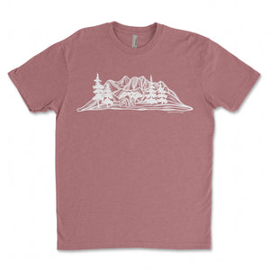 Bear and Mountain, Unisex T-shirt, Responsibly Made, featuring outdoor illustrations, eco friendly tshirt, designed in Canada.