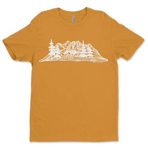 Bear and Mountain, Unisex T-shirt, Responsibly Made, featuring outdoor illustrations on a mustard background.