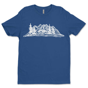 Bear and Mountain, Unisex T-shirt, Responsibly Made featuring outdoor illustrations on a blue fabric