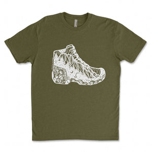 Hiking Boot, Unisex T-shirt, Responsibly Made featuring outdoor illustrations on eco friendly tshirt.