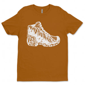 Hiking Boot, Unisex T-shirt, Responsibly Made featuring outdoor illustrations on a soft, eco-friendly fabric.