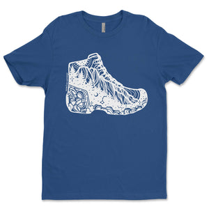 Hiking Boot, Unisex T-shirt, Responsibly Made featuring outdoor illustrations on a blue t-shirt, designed in Canada.