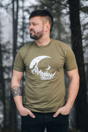 Moon and Climber, Unisex T-shirt, Responsibly Made featuring outdoor illustrations by a Canadian artist.