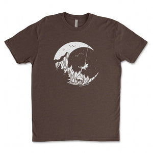 Moon and Climber, Unisex T-shirt, Responsibly Made featuring outdoor illustrations on a brown T-shirt.