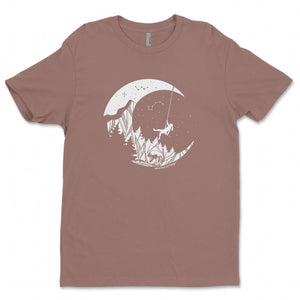 Moon and Climber, Unisex T-shirt, Responsibly Made featuring outdoor illustrations and eco friendly design.