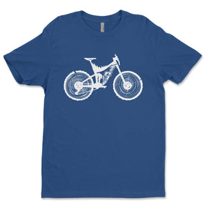 Mountain Bike, Unisex T-shirt, Responsibly Made featuring outdoor illustrations on a blue background.