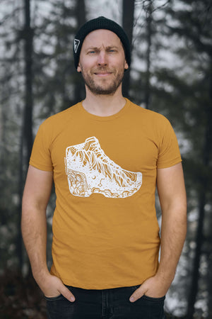 Hiking Boot, Unisex T-shirt, Responsibly Made - eco friendly tshirt featuring outdoor illustrations by a Canadian artist.
