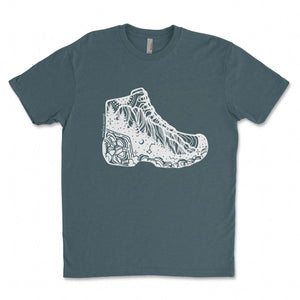 Hiking Boot, Unisex T-shirt, Responsibly Made featuring unique outdoor illustration on soft cotton fabric.
