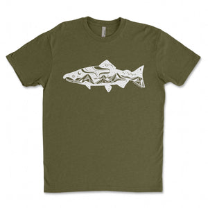 Salmon, Unisex T-shirt, Responsibly Made featuring outdoor illustrations on soft fabric.