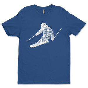 Skier, Unisex T-shirt, Responsibly Made; eco friendly tshirt with outdoor illustrations in blue, designed by a Canadian artist.