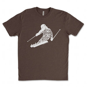 Skier, Unisex T-shirt, Responsibly Made featuring outdoor illustrations on a soft brown tee.