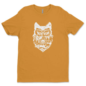 Wolf, Unisex T-shirt, Responsibly Made with original outdoor illustration on a golden fabric.