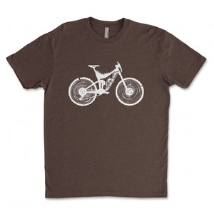 Mountain Bike, Unisex T-shirt, Responsibly Made featuring outdoor illustrations on a brown tee.