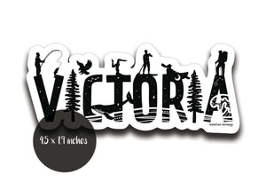Victoria Sticker featuring black and white original illustration, durable vinyl outdoor sticker for various surfaces.