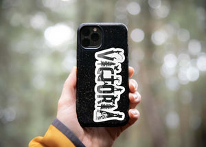 Victoria Sticker on a phone case, black and white outdoor sticker with an original illustration.