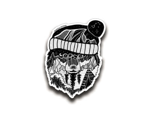 Winter Bear Sticker, black and white outdoor sticker with original illustration, glossy vinyl finish.