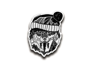 Winter Bear Sticker, black and white outdoor sticker with original illustration, glossy vinyl finish.