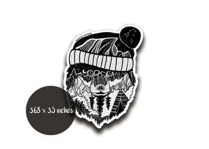 Winter Bear Sticker - black and white outdoor sticker, glossy vinyl with original illustration, waterproof and scratch-resistant.