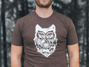 Wolf, Unisex T-shirt, Responsibly Made, featuring outdoor illustrations by a Canadian artist.