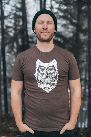 Wolf, Unisex T-shirt, Responsibly Made, featuring outdoor illustrations by a Canadian artist.