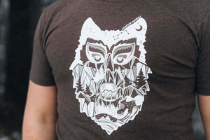 Wolf, Unisex T-shirt, Responsibly Made featuring original outdoor illustration on soft fabric.