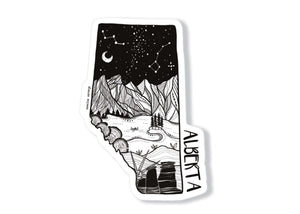 Alberta Sticker featuring a black and white original illustration of mountains and stars, made in Canada.