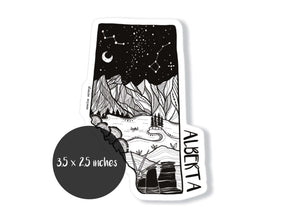 Alberta Sticker featuring black and white original illustration, 3.5 x 2.5 inches, made in Canada.