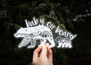 Baby on Board Car Decal featuring black and white original illustration of bears, made in Canada, durable vinyl outdoor sticker.