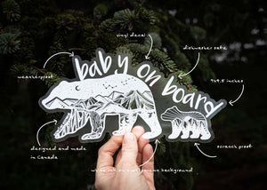 Baby on Board Car Decal featuring original illustration of bears, waterproof and designed in Canada, perfect for car windshields.