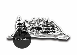 Bear and Mountain Sticker featuring original black and white illustration on glossy vinyl, outdoor sticker made in Canada.