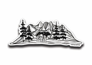 Bear and Mountain Sticker featuring black and white original illustration of mountains and trees, made in Canada.