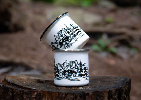 Bear and Mountains, Camping Mug - Mountain Mornings - Camping Mug