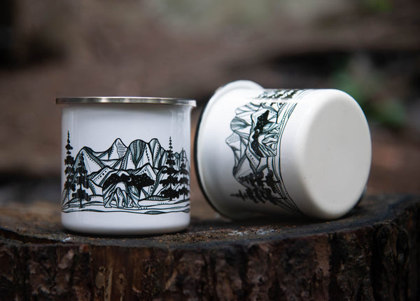 Bear and Mountains, Camping Mug - Mountain Mornings - Camping Mug