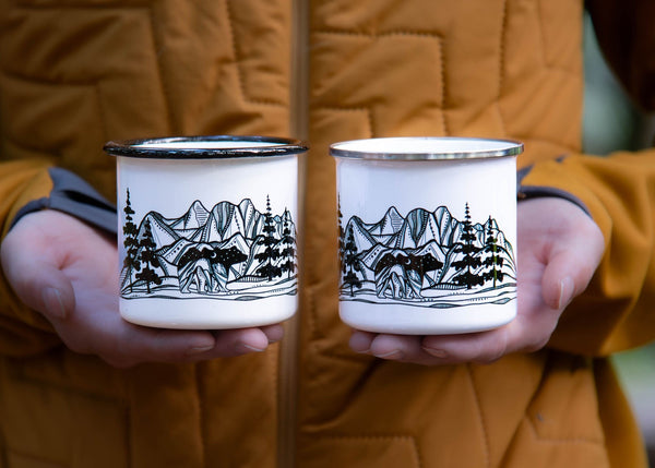 Bear and Mountains, Camping Mug - Mountain Mornings - Camping Mug