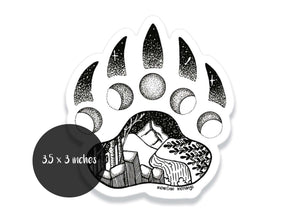 Bear Claw Sticker featuring a black and white original illustration, 3.5 x 3 inches, waterproof vinyl outdoor sticker.