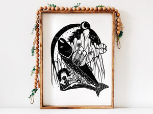 Bear & Salmon Print - Mountain Mornings - Prints
