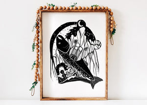 Bear & Salmon Print - Mountain Mornings - Prints