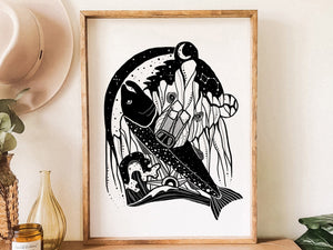 Bear & Salmon Print - Mountain Mornings - Prints