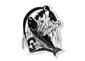 Bear & Salmon Sticker featuring a black and white original illustration, perfect outdoor vinyl sticker made in Canada.