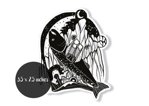 Bear & Salmon Sticker featuring original illustration in black and white, a durable outdoor vinyl sticker made in Canada.