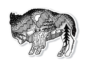 Bison Sticker featuring black and white original illustration of nature elements, durable vinyl outdoor sticker made in Canada.