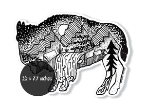 Bison Sticker featuring black and white original illustration with outdoor landscape elements for vinyl outdoor sticker use.