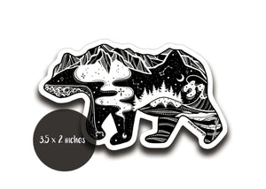 Black Bear Sticker featuring a black and white original illustration, perfect for outdoor use.