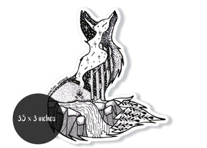 Fox Sticker featuring original black and white illustration on a glossy vinyl finish, perfect outdoor accessory.