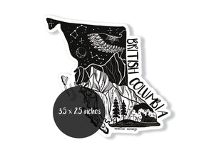 British Columbia Sticker featuring original illustration in black and white, made in Canada, an eco-friendly outdoor sticker.