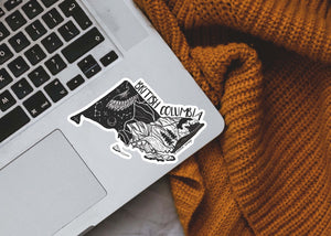 British Columbia Sticker on laptop featuring black and white original illustration, made in Canada, perfect outdoor sticker.