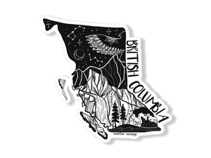 British Columbia Sticker featuring black and white original illustration of landscapes and nature.